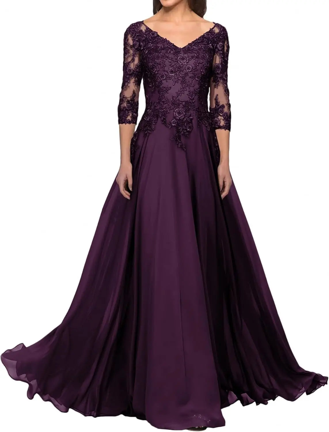 Elegant V Neck Lace Applique 3/4 Sleeve Mother of The Bride Dresses Chiffon A-Line Formal Evening Party Gowns