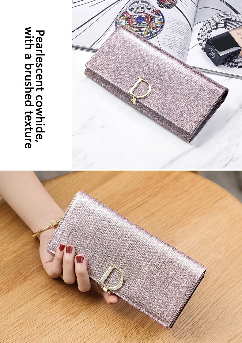 2025 New Women's Wallet, Long Wallet, Pearl D-Buckle, Large Capacity, Multiple Slots, Genuine Cowhide Wallet, Clutch Bag