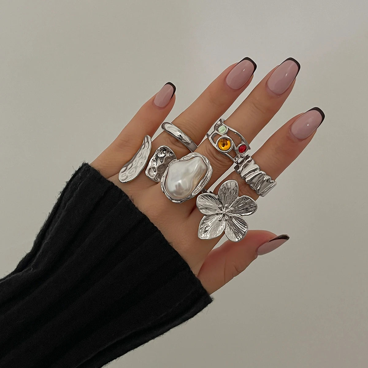 KunJoe 6 Pcs Elegant Crystal Imitation Pearl Open Rings Set for Women Smooth Metal Gold Color Flower Chunky Ring Jewelry Gift