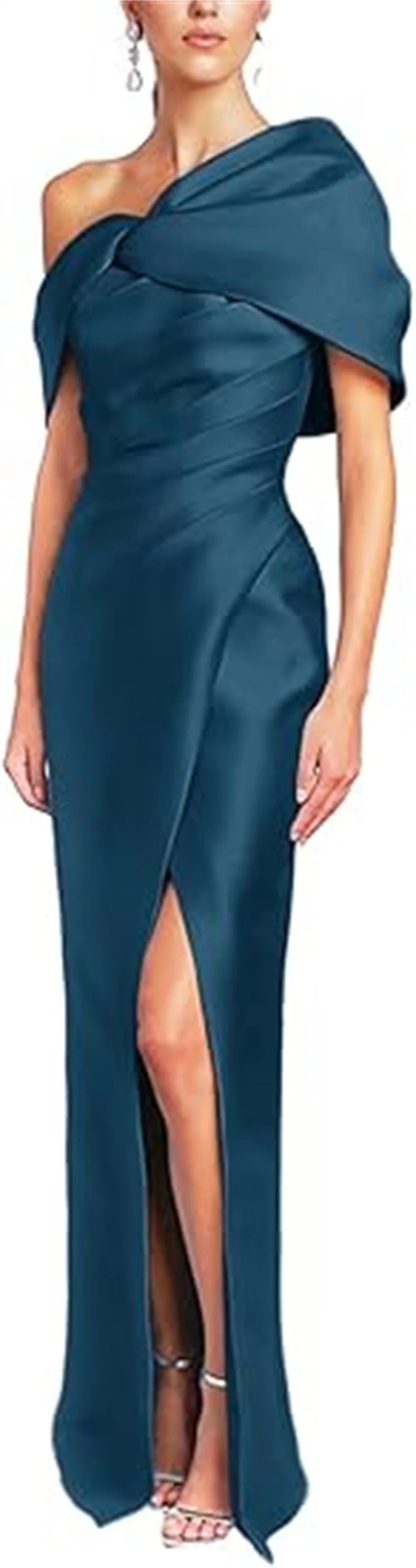 Women Mermaid Satin Floor Length Evening Gowns Sheath High Side Slit One Shoulder Ruched Backless Wedding Guest Dress