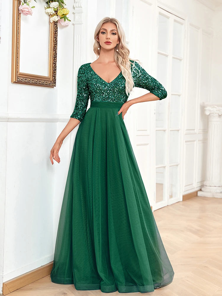 Luxury Green Floor Length V-Neck Evening Dress 2025 Women Elegant Party Maxi Dress Sequin Short Sleeves Prom Cocktail Gowns