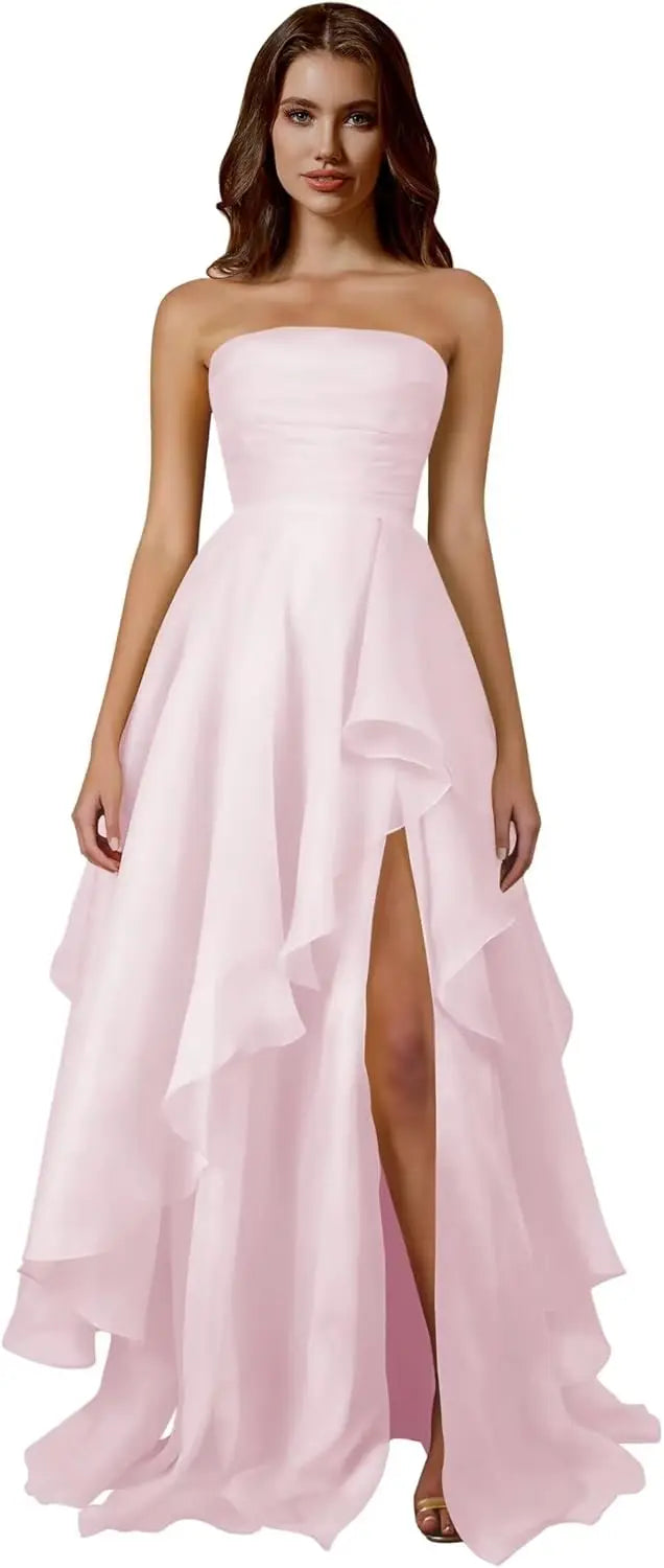 Strapless Tiered Prom Dresses Long Ruffle Tulle A Line Evening Ball Gown Dresses with Slit