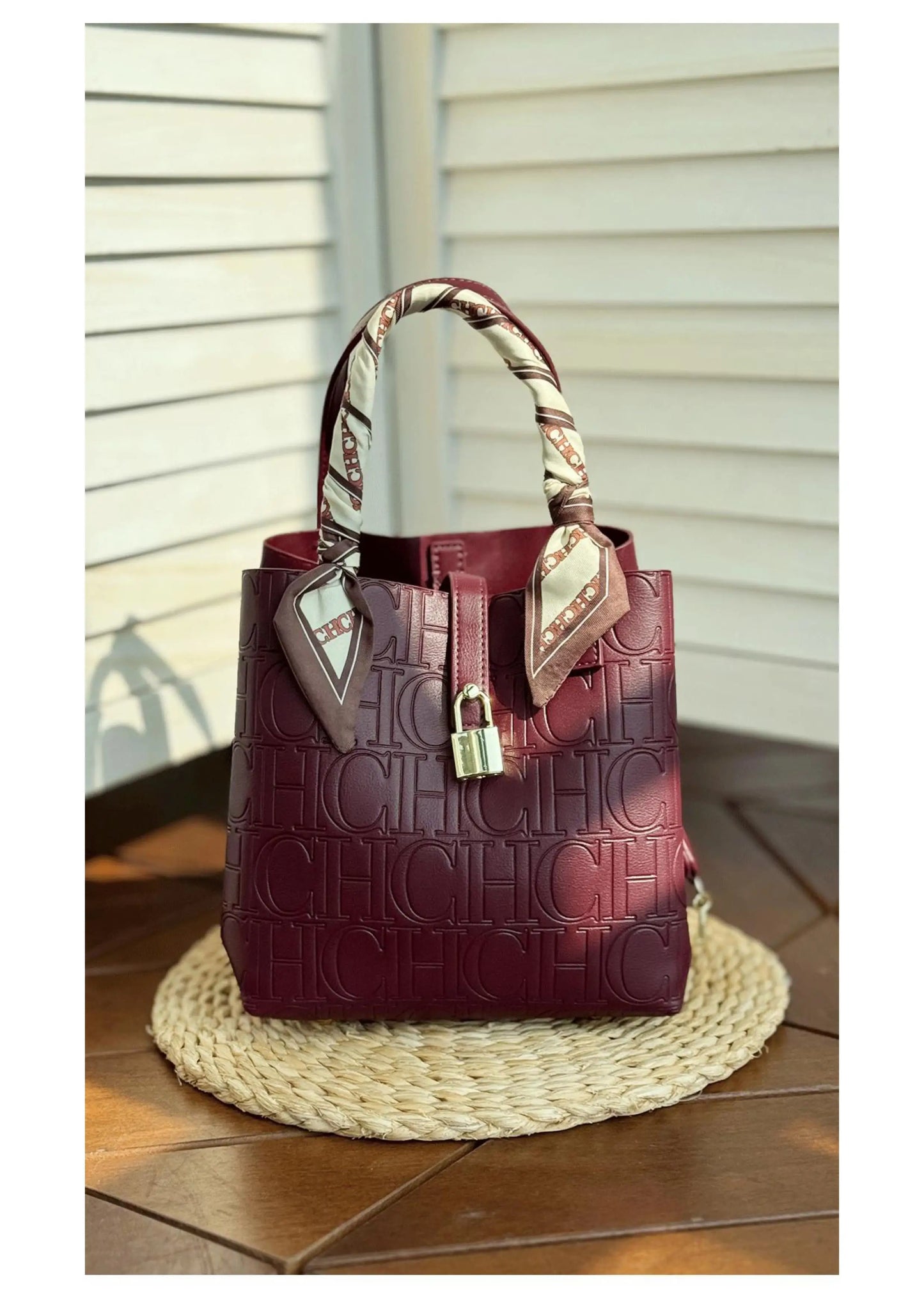CH New Tote Bag Embossed Logo Silk Scarf Decor Lock Buckle Burgundy Fashion Women Casual Daily Handbag