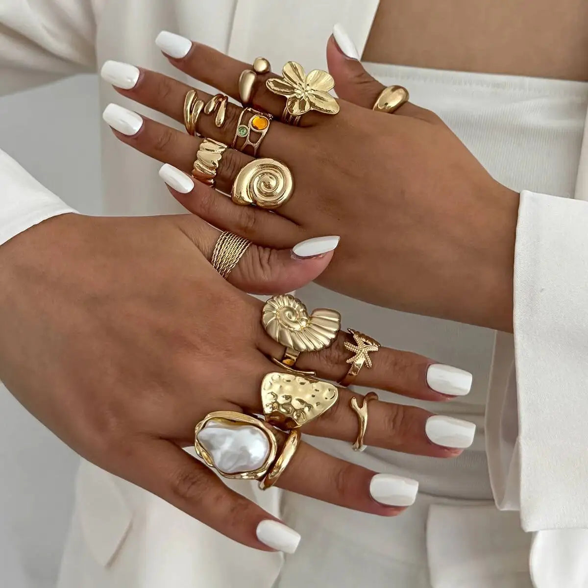 Salircon 14 Pcs/Set Hip Hop Creative Flower Conch Rings for Women Men Punk Gold Color Imitation Pearl Knuckle Joint Ring Jewelry
