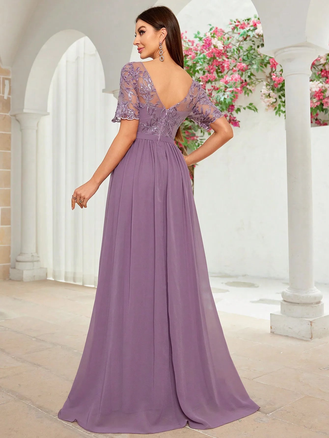 MgiacyV-neck embroidered lace cross irregular lace short sleeves splicing chiffon long skirt
