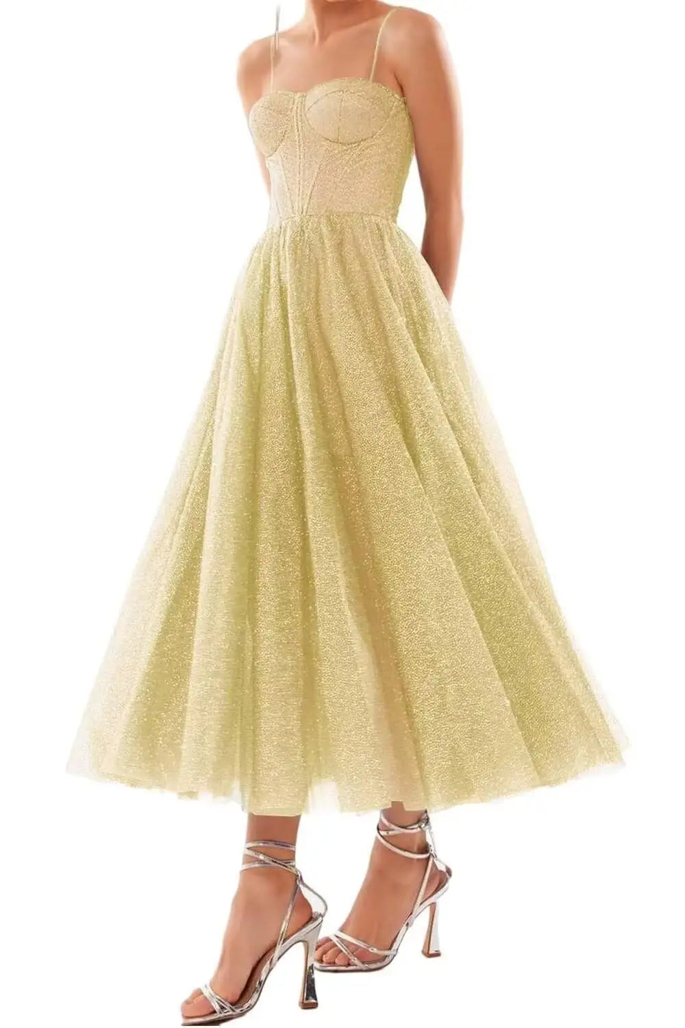 A Line Glitter Tea Length Formal Evening Cocktail Party Dresses for Women, Sequined Spaghetti Midi Corset Prom Gowns Cocktail