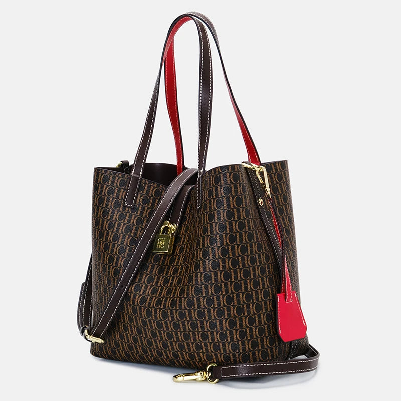 CH Women's Shoulder Bag Simple Large Capacity Letters Print Design Small Metal Accessories Daily Commuter Tote Bag Pure Color