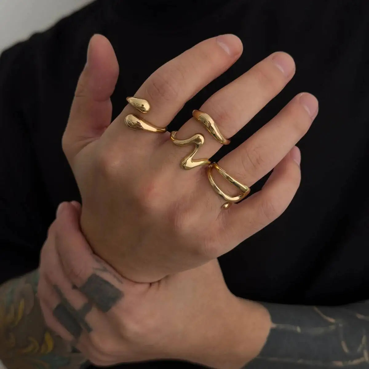 Salircon 4Pcs/Set Fashion Metal Irregular Geometric Open Finger Rings Women Punk Adjustable Gold Color Ring Couple Jewelry Gifts