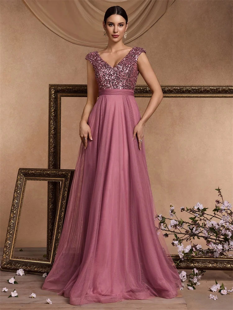 Luxury V-neck Chiffon Pink Evening Dresses