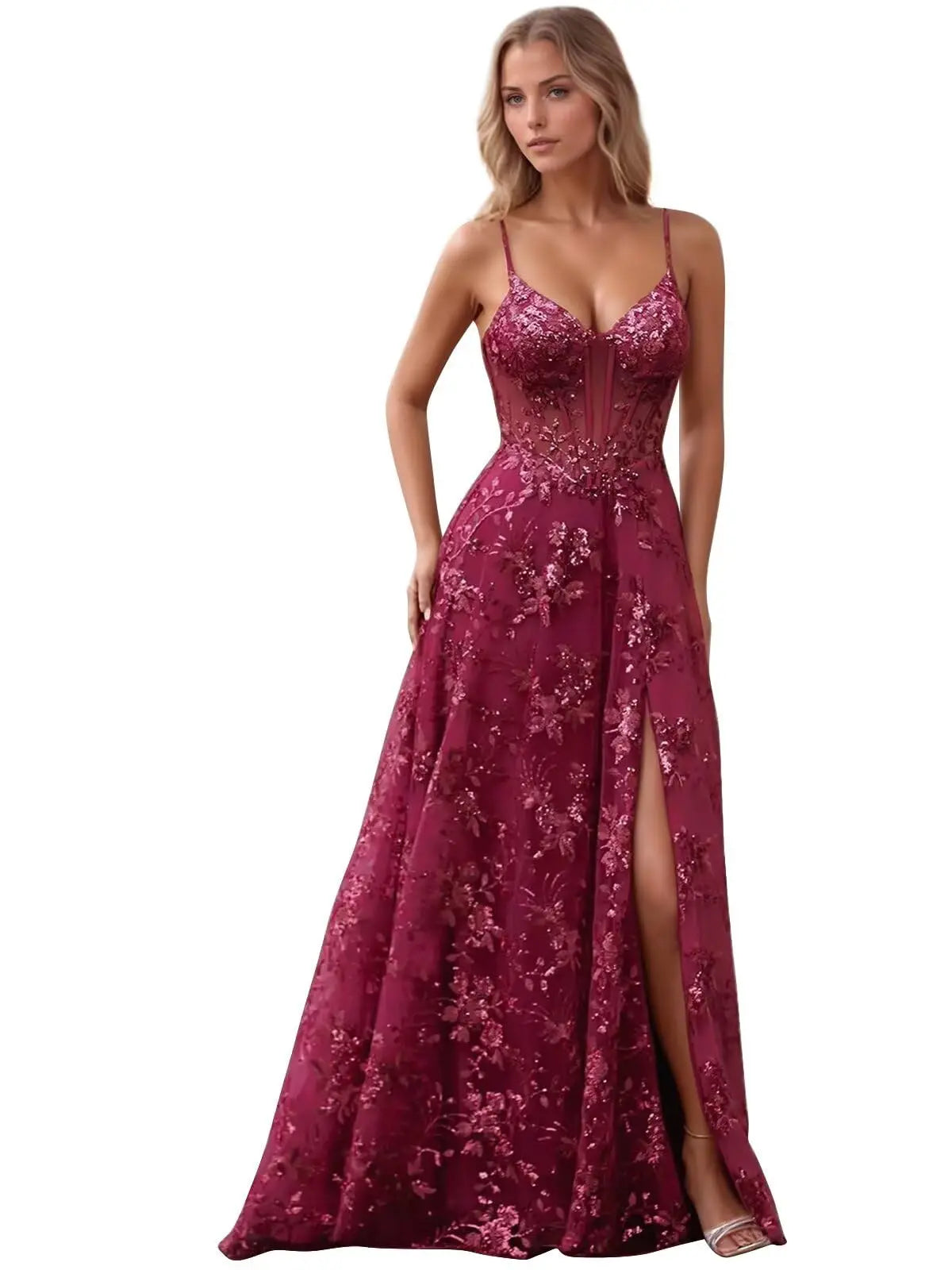 Spaghetti Strap Tulle Appliques Prom Dresses with Slit V Neck Sequin Evening Gown Women Formal Pageant Dress Long Party Dresses