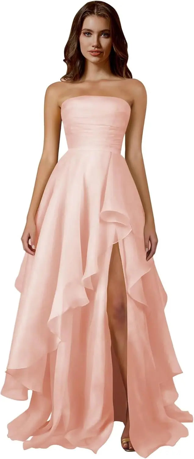 Strapless Tiered Prom Dresses Long Ruffle Tulle A Line Evening Ball Gown Dresses with Slit