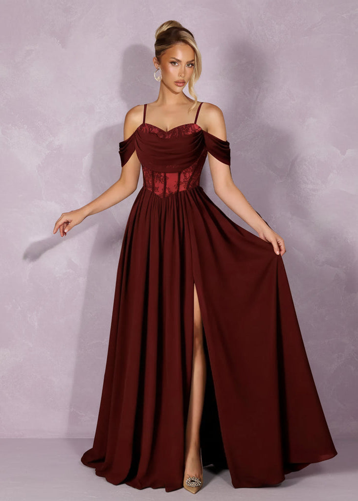 Off Shoulder Lace Applique Prom Dress