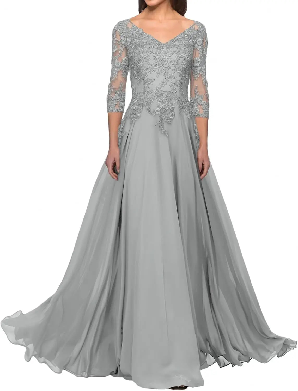 Elegant V Neck Lace Applique 3/4 Sleeve Mother of The Bride Dresses Chiffon A-Line Formal Evening Party Gowns