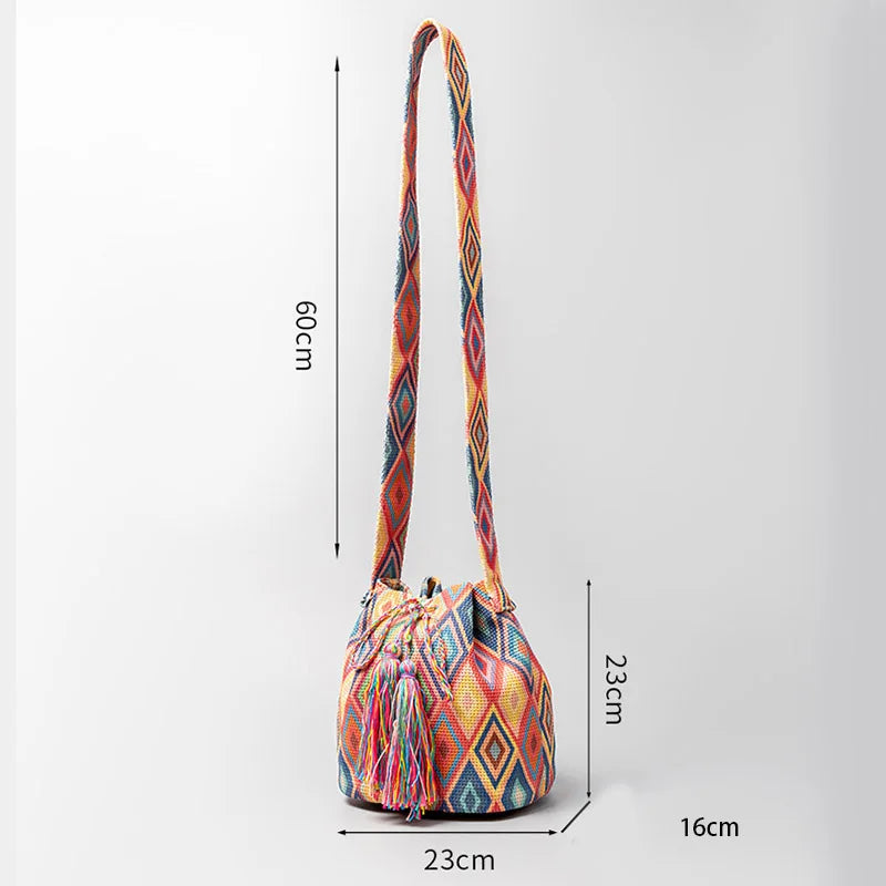 Boho style embroidered bucket bag