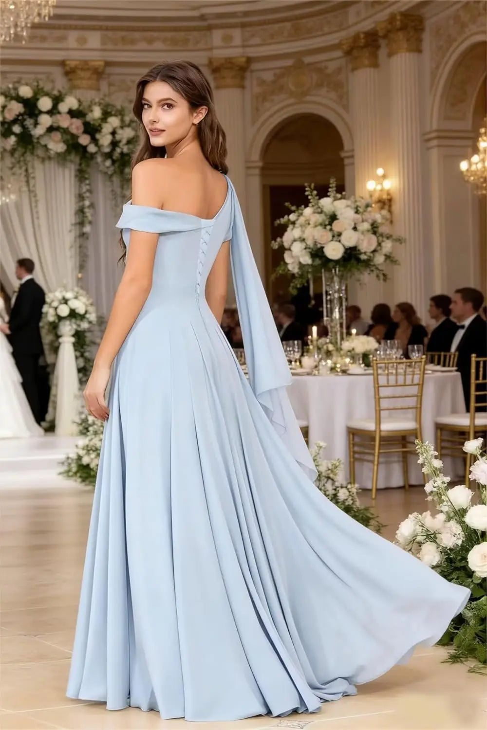 Chiffon One Shoulder Bridesmaid Dresses for Women with Pleated Ruffles A Line Long Formal Dress with Slit