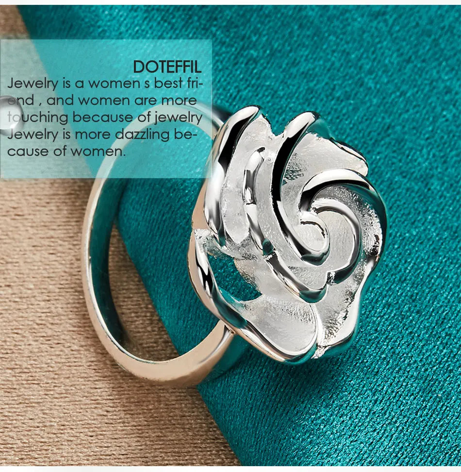 DOTEFFIL 925 Sterling Silver Rose Flower Blossoms Ring For Woman Fashion Wedding Engagement Party Gift Charm Jewelry