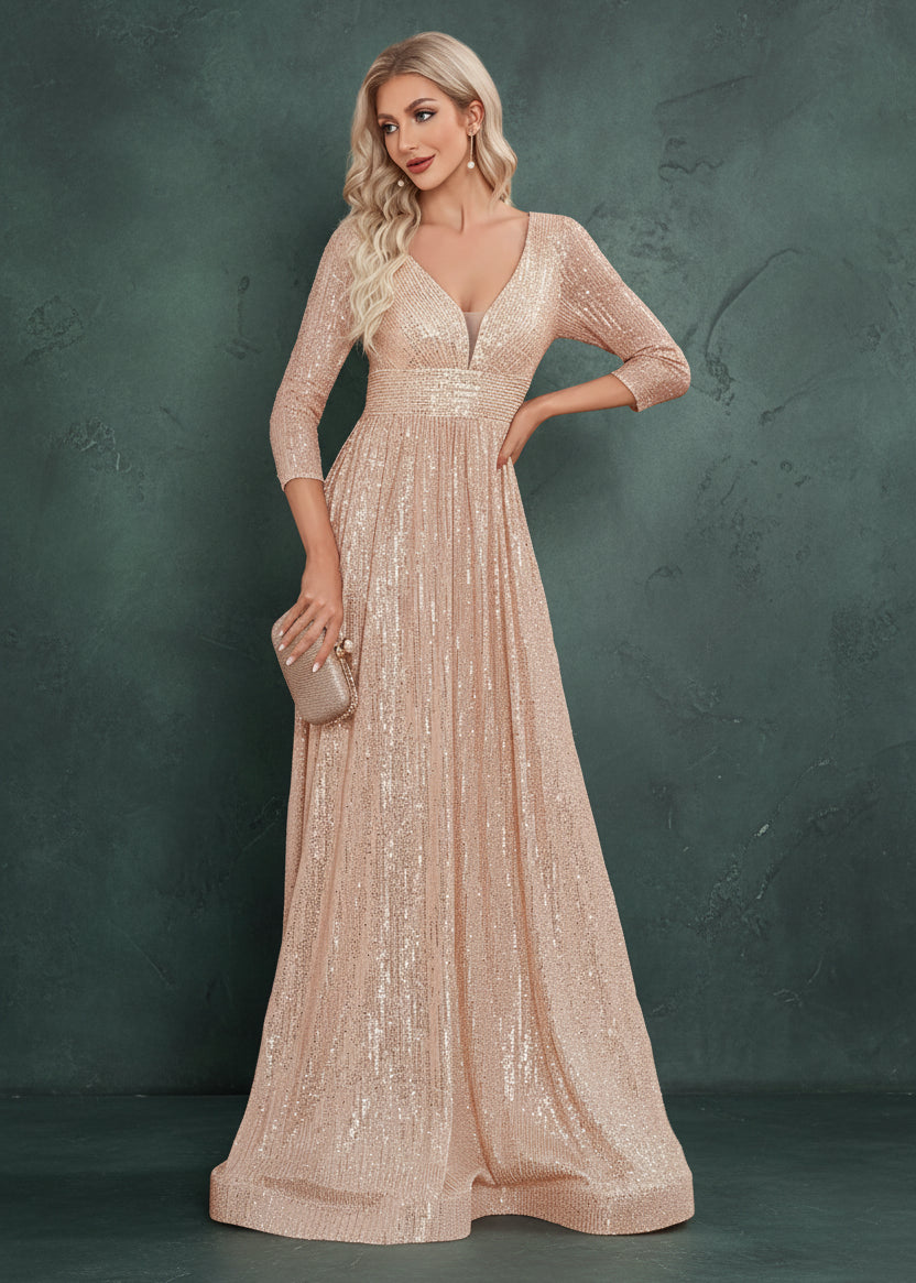 Luxury V Neck Long Sleeves Blue Sequins Formal Evening Dress Women 2024 Wedding Party Prom Maxi Cocktail Dress Gowns