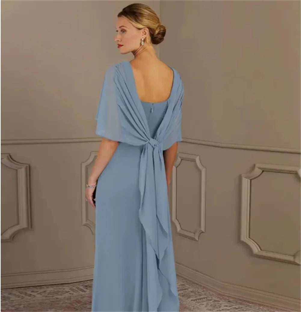 Women's Formal Dress Short Sleeves Scoop Neck Evening Dress Floor Length Chiffon Mother Of The Bride Dresses With Cap