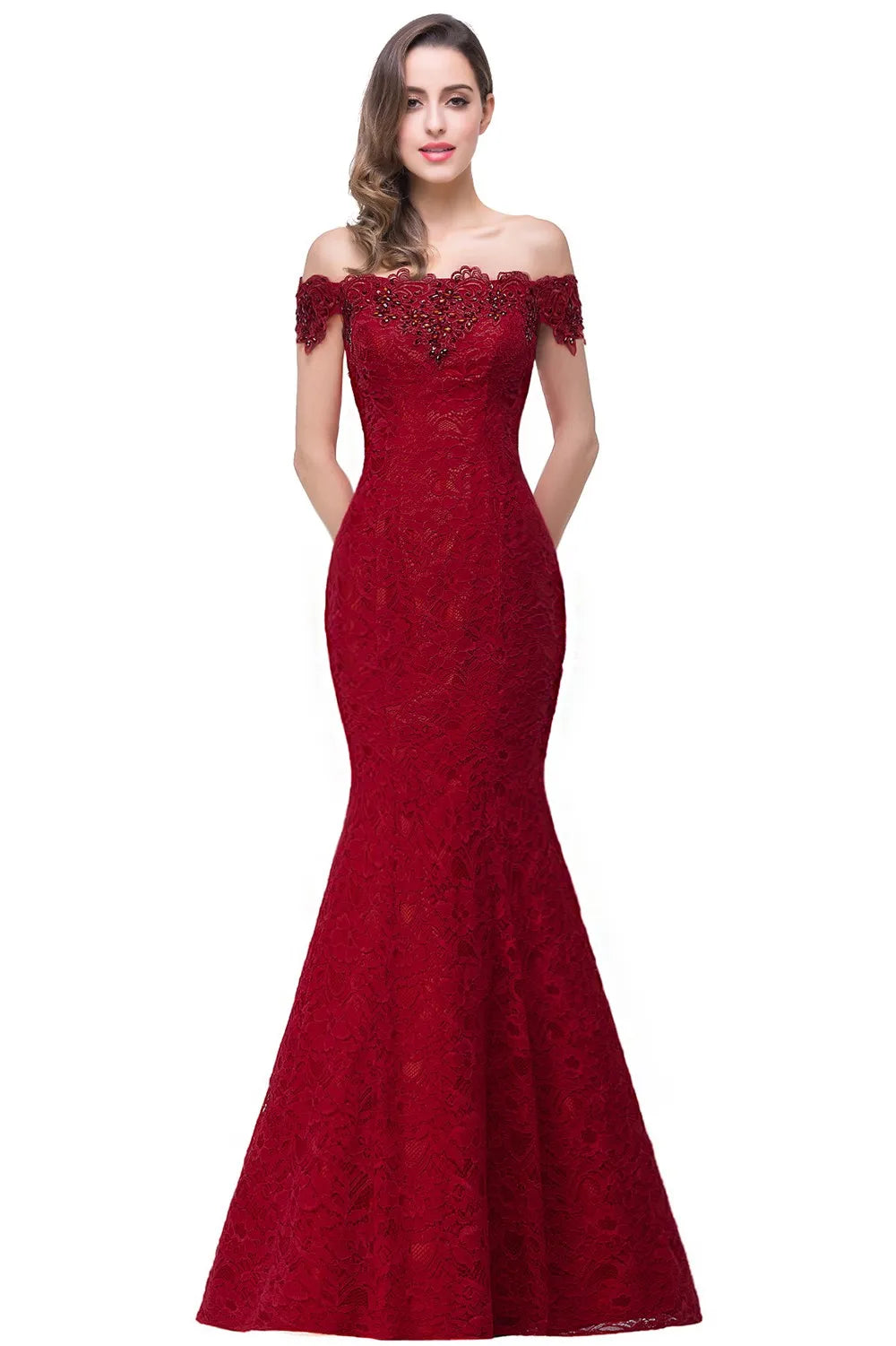 Lace Mermaid Long Bridesmaid Dresses Off The Shoulder Beading Elegant Burgundy Blue Ivory Wedding Formal Party Prom Gown Vestido
