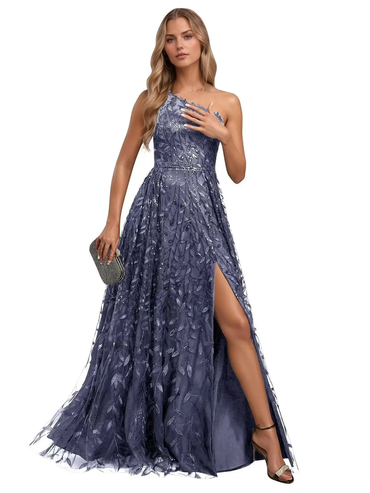 Lace Embroidered sequins Prom Dresses for Women One Shoulder Formal Party Dress Sleeveless Maxi Evening Gown with Slit