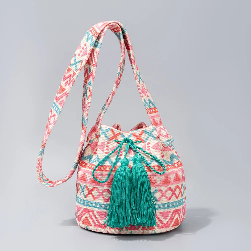 Boho style embroidered bucket bag