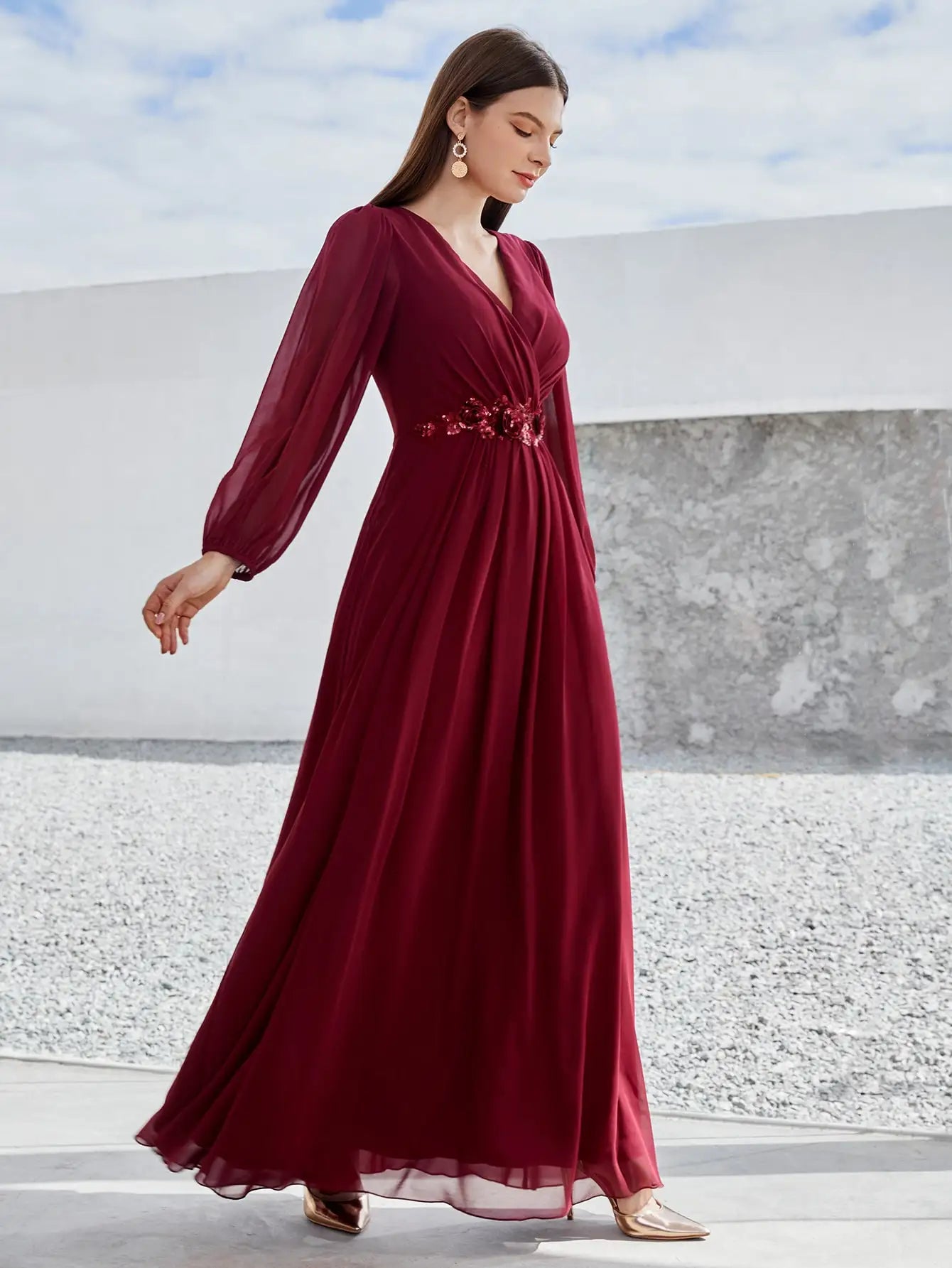 Mgiacy V-neck long sleeve beaded print extra long chiffon Dress