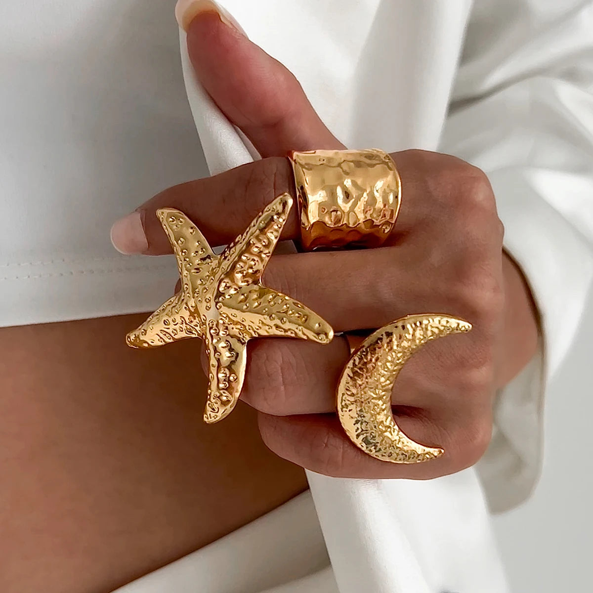 Salircon Exaggerated Vintage Big Starfish Moon Flower Ring for Women Trend Personality Metal Punk Party Finger Ring Jewelry