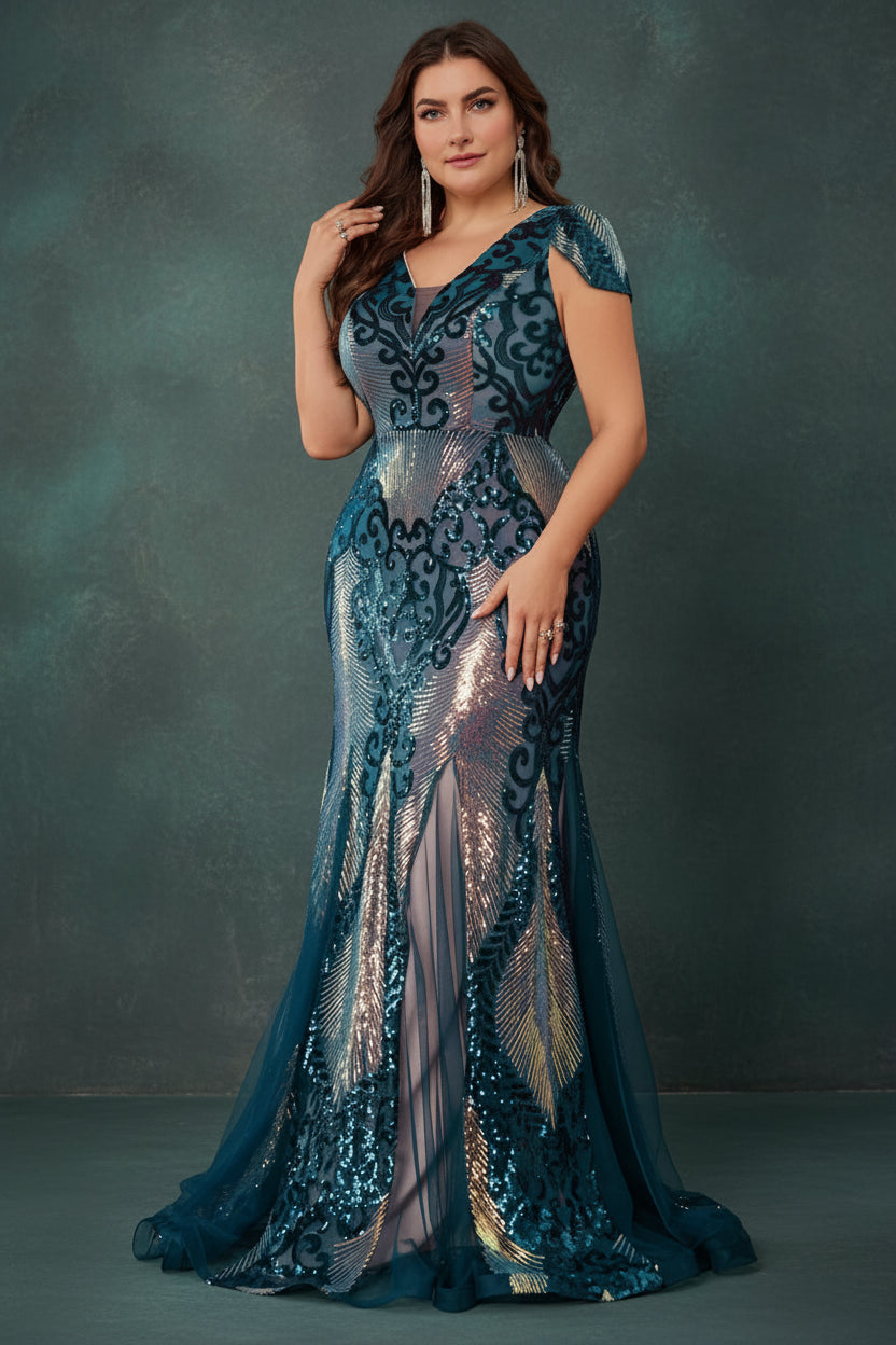 Plus Size Luxurious Short Sleeve Sequin Formal Evening Dress Women Elegant  Mermaid Party Cocktail Gown Special Event