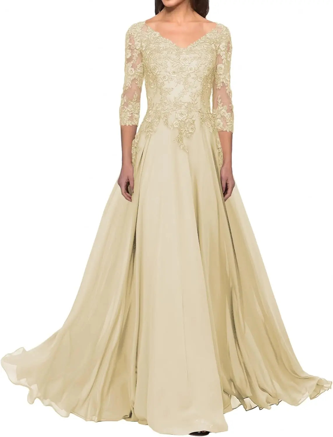 Elegant V Neck Lace Applique 3/4 Sleeve Mother of The Bride Dresses Chiffon A-Line Formal Evening Party Gowns