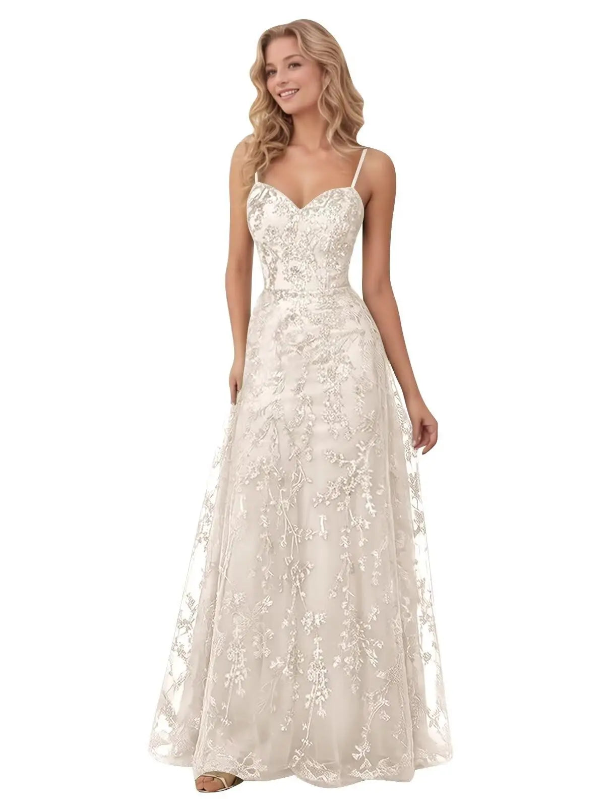 Tulle Formal Dress Laces Spaghetti Strap Sparkly Prom Dress for Women Long Evening Party Gown Formal Dress Women Elegant