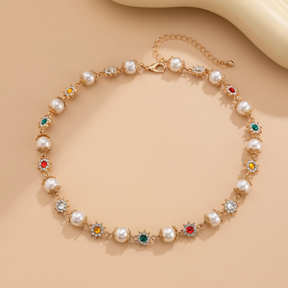 Salircon Luxury Rhinestone Flowers Beads Choker Necklace for Women Elegant Imitation Pearl Clavicle Chain Wedding Party Jewelry