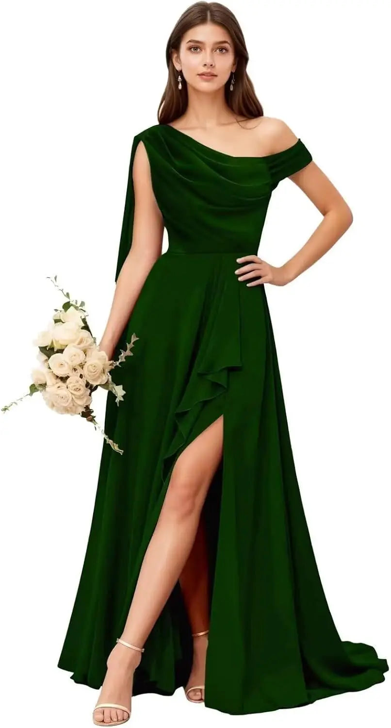 Chiffon One Shoulder Bridesmaid Dresses for Women with Pleated Ruffles A Line Long Formal Dress with Slit