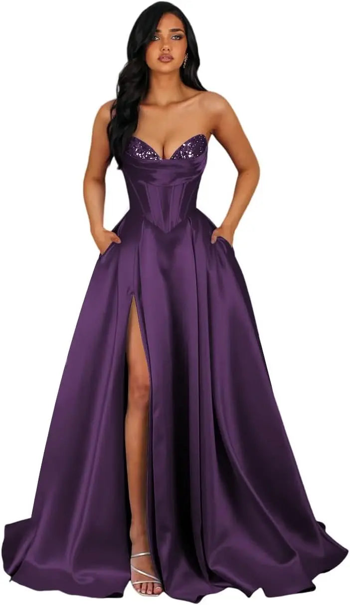 Strapless Sequin Prom Dresses Long with Slit Satin Formal Party Dress