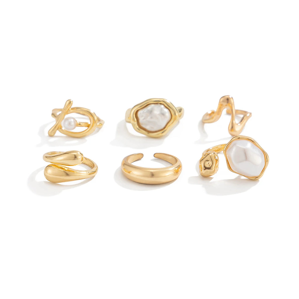 Ingemark 6Pcs/Set Boho Imitation Pearls Metal Ring Women Trendy Punk Irregular Geometry Hollow Wide Knuckle Ring Set New Jewelry
