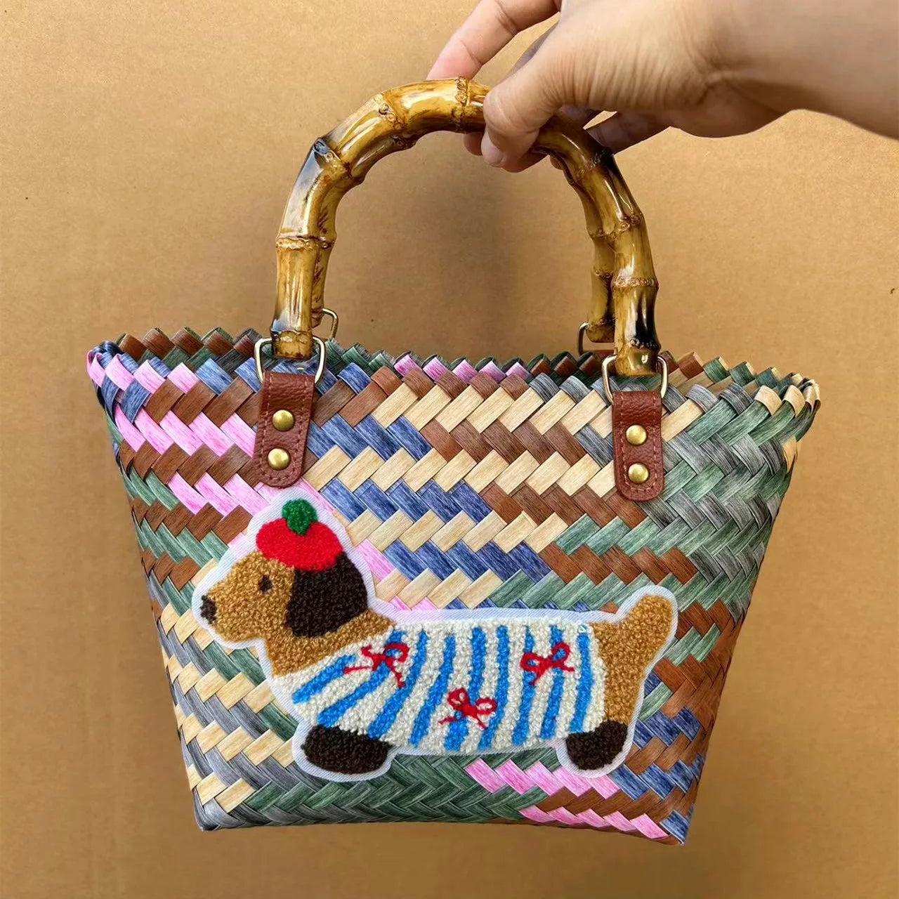 Retro Striped Dachshund Dog Woven Bag Handbag Nylon Rope Pendant Tote Bag Hand Bag Women's Bag Beach Bag