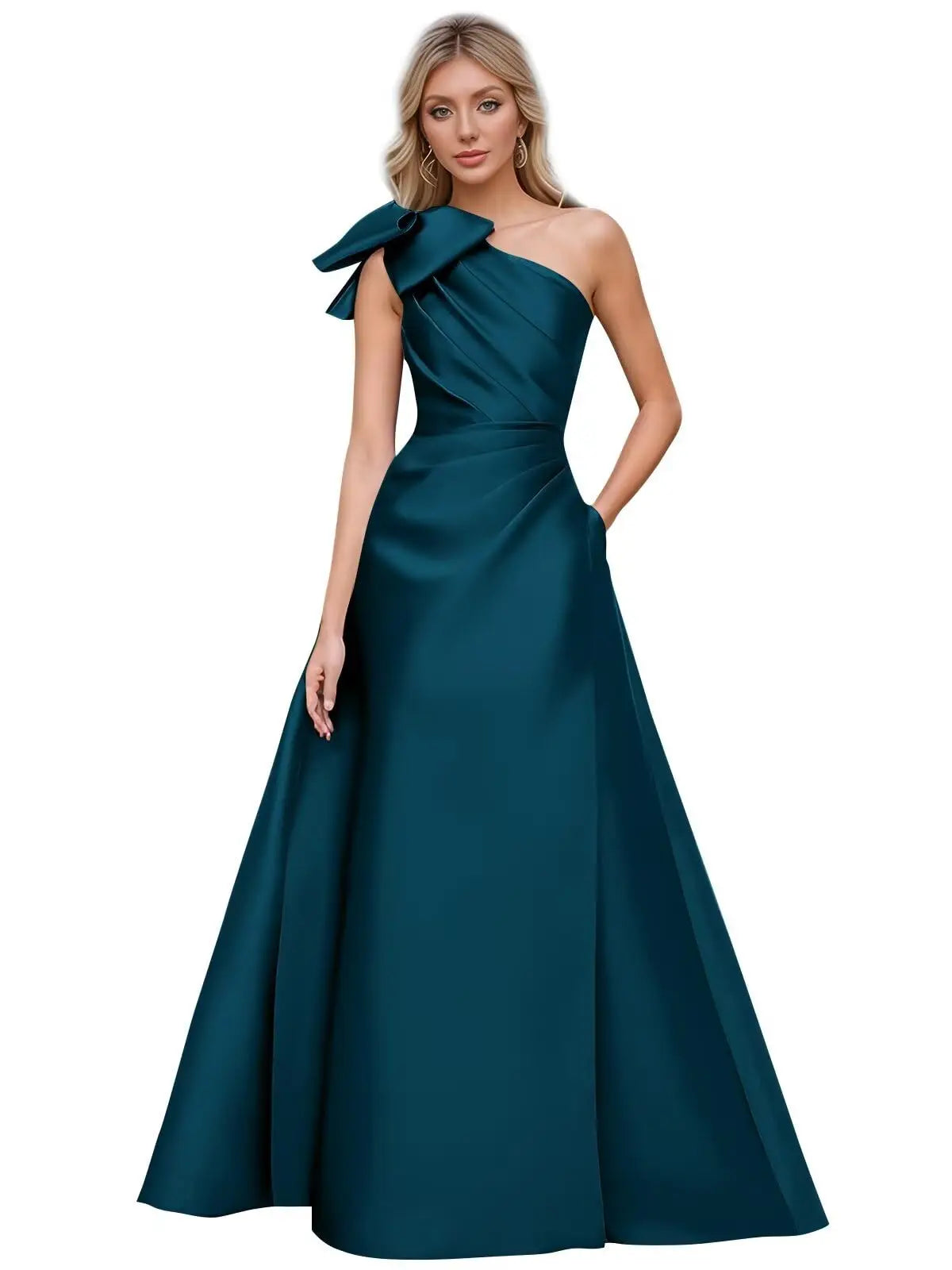 Women’s One Shoulder Prom Dresses Satin Mother of The Bride Dresses A Line Modest Formal Evening Gown with Bow
