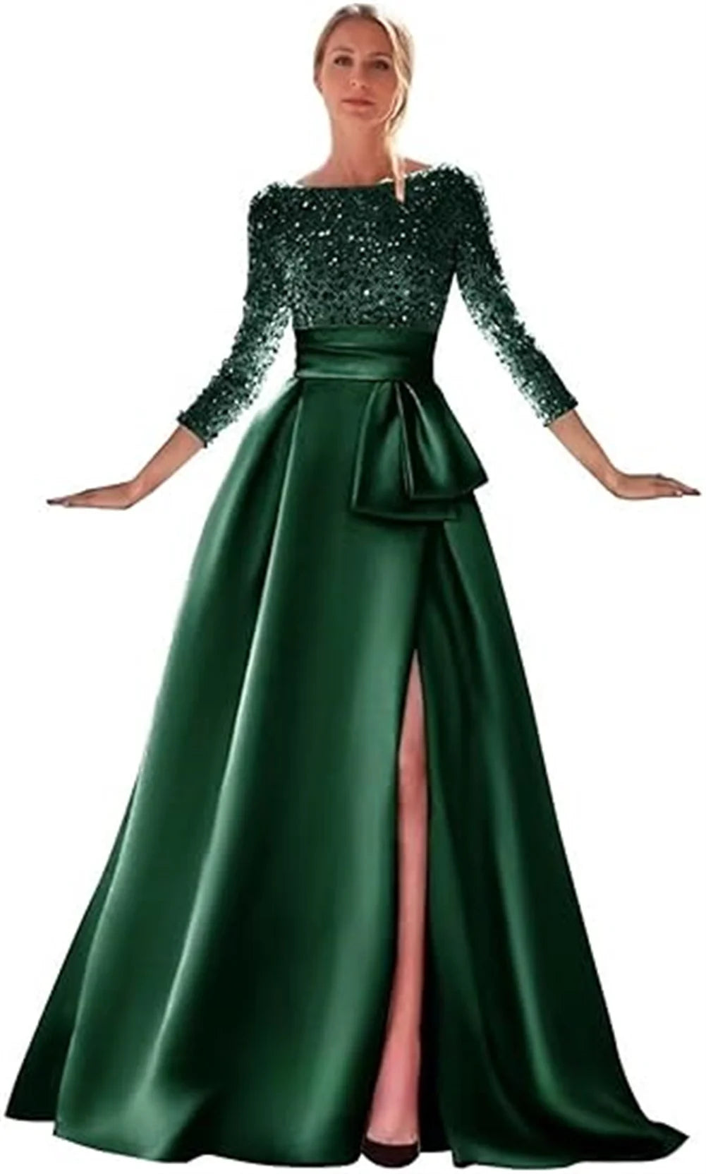 Long Sleeves Mother Of The Bride Dresses For Wedding Sparkly Sequin Ball Gowns Side Slit Satin Formal Party Prom Gown
