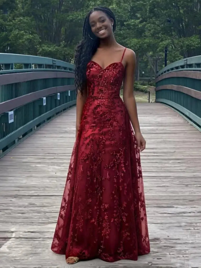Tulle Formal Dress Laces Spaghetti Strap Sparkly Prom Dress for Women Long Evening Party Gown Formal Dress Women Elegant