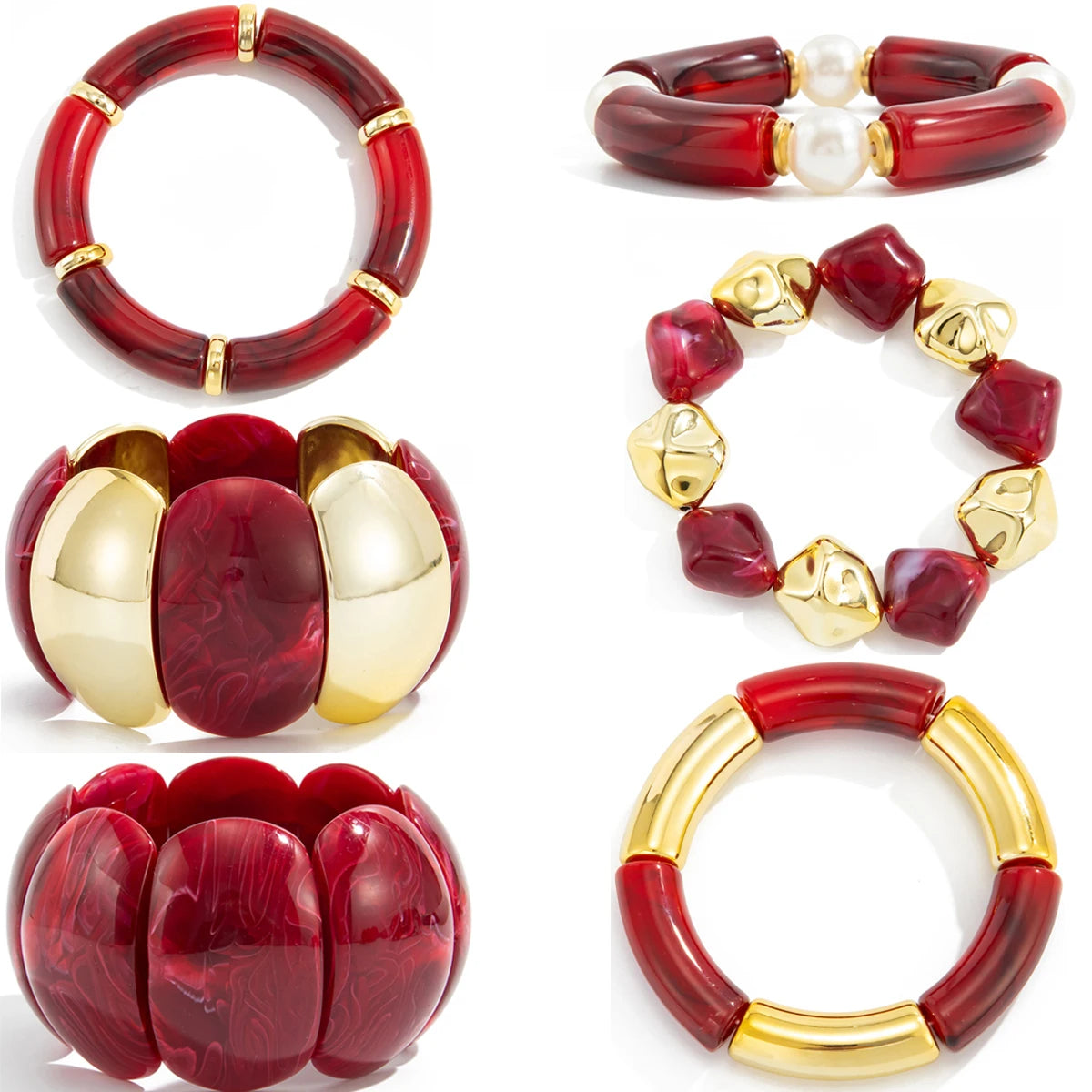 Salircon 6 Style Vintage Red Resin Acrylic Bracelets for Women Punk Splice Metal Tube Beaded Handmade Bangles Aesthetics Jewelry