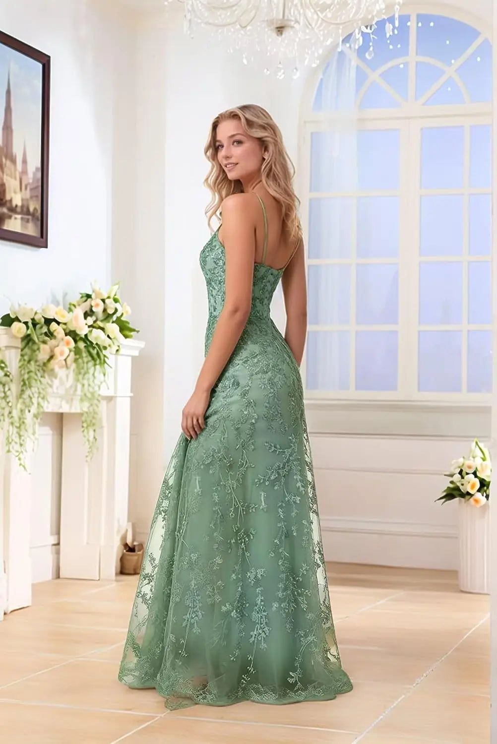 Tulle Formal Dress Laces Spaghetti Strap Sparkly Prom Dress for Women Long Evening Party Gown Formal Dress Women Elegant