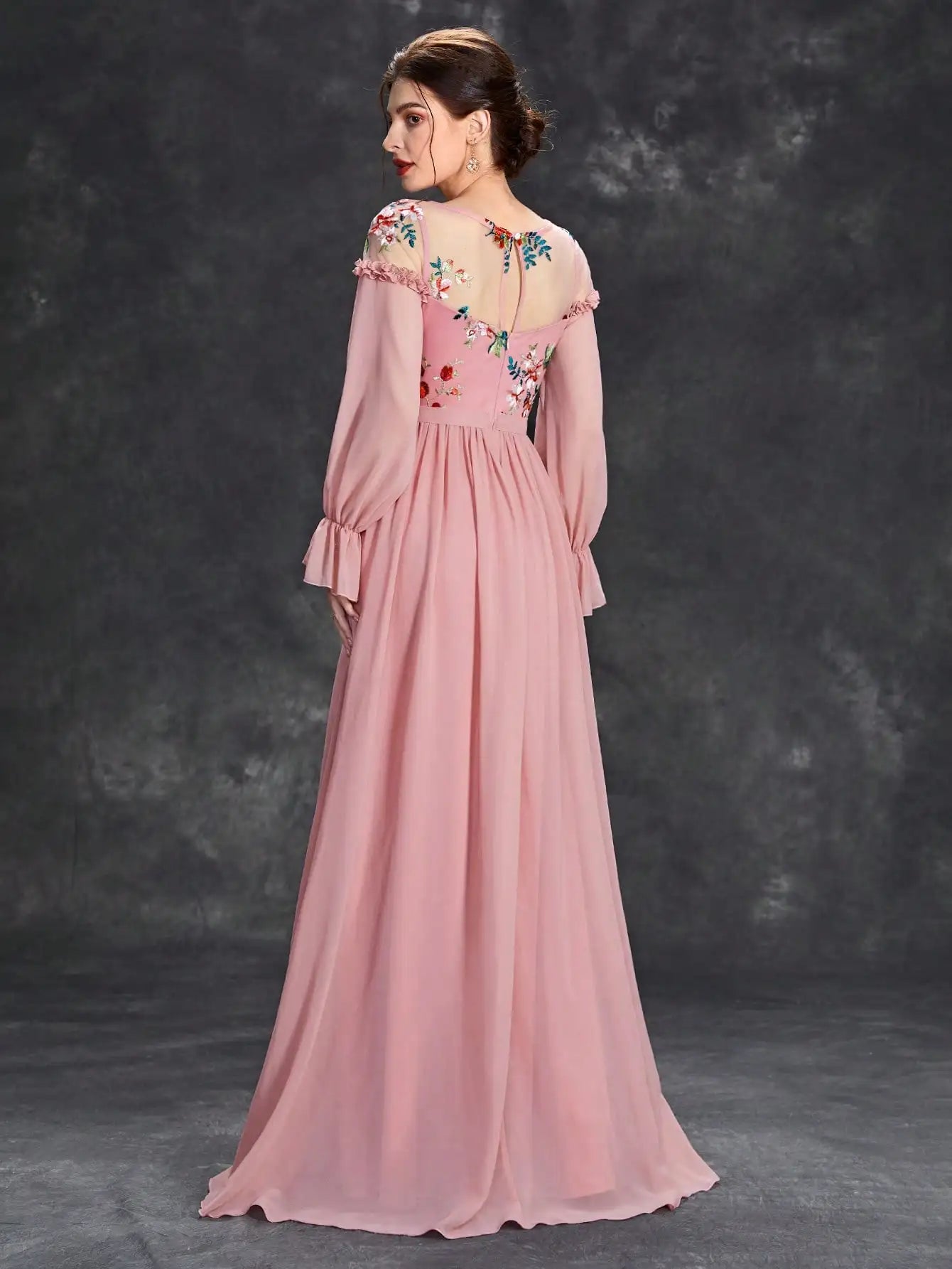 Mgiacy Round neck Color embroidered half-through chiffon chiffon long sleeve dress Ball Dress Party dress Bridesmaid dress