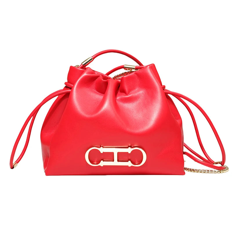 Elegant Drawstring Bucket Bag 2026 Shoulder Handbag with Gold CH Logo Versatile Chain Strap Crossbody Purse for Ladies