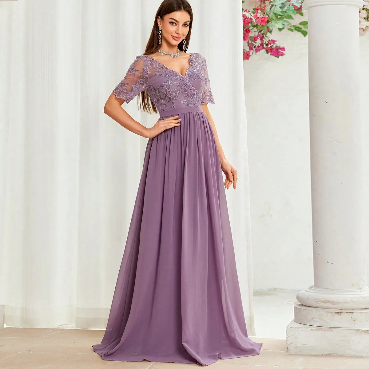 MgiacyV-neck embroidered lace cross irregular lace short sleeves splicing chiffon long skirt