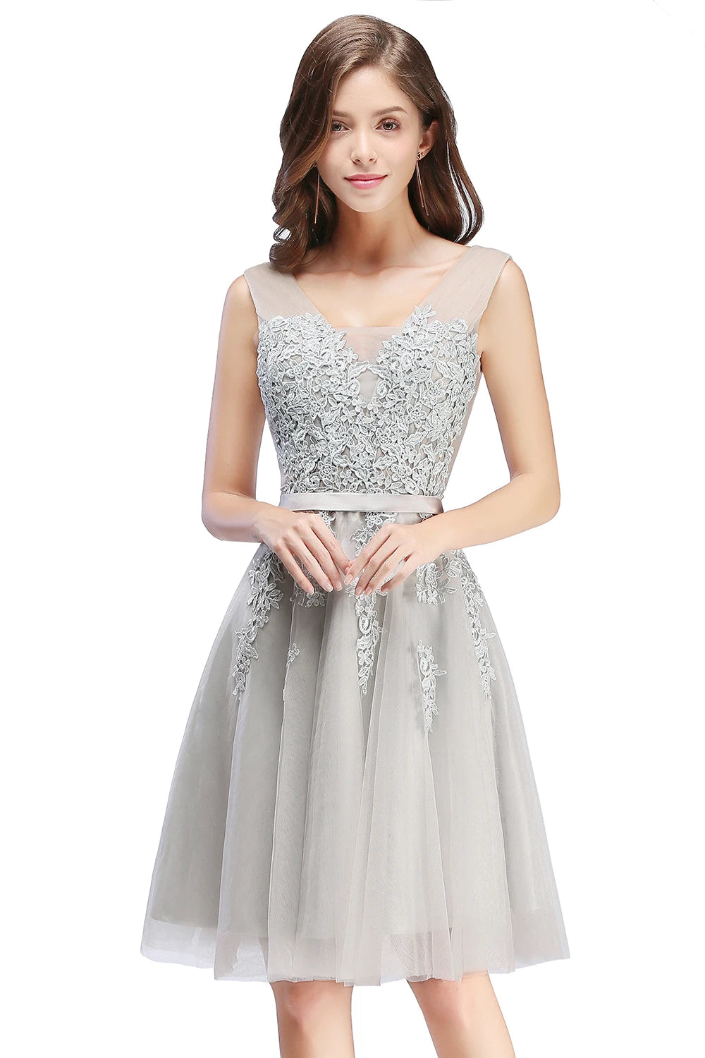 BABYONLINE Burgundy Bridesmaid Dresses with Lace Appliqué, V-Back & Flowy Tulle Skirt for Weddings,Elegant Short Party Dress