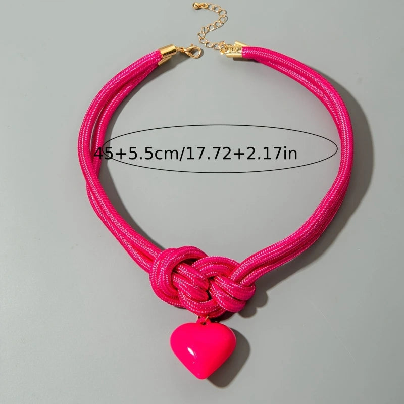 Bohemian Fashion Rose Red Color Braided Rope Love Pendant Necklace, Women's Personalized Ethnic Style Festival Accessories