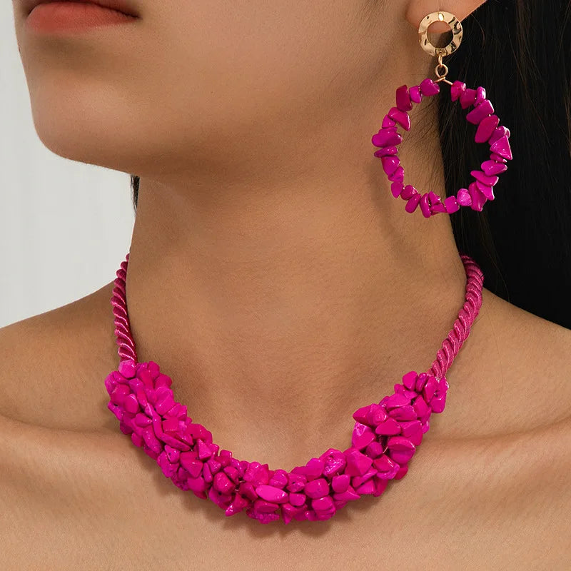 Vintage Rose Red Stone Hand Short Necklace Stud Earrings Set for women girls holiday party gift S284