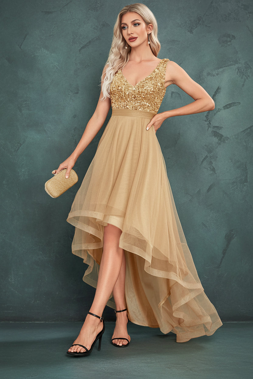 Elegant Women Sleeveless Sequins V-Back Floor Length Formal Evening Dresses Luxury V-neck Wedding Party Cocktail Gowns