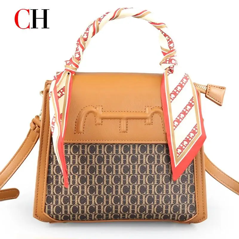 CH Women's Monogram Embossed Crossbody Bag with Scarf Handle & Horsebit Detail Fashion Shoulder Bag for Daily/Party