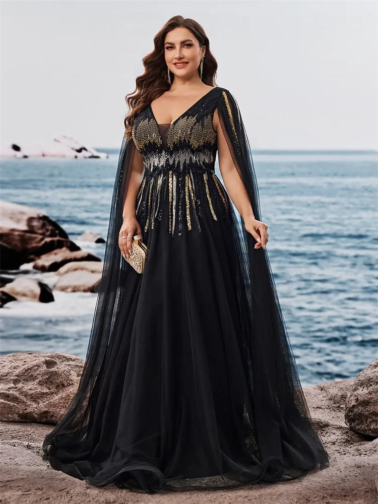 Plus Size Luxury Floor-standing sleeves Sequins Evening Dresses Women V-neck Formal Wedding Party Cocktail Gowns Vestidos
