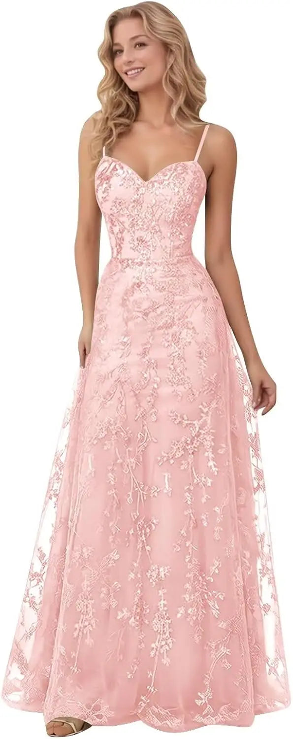 Tulle Formal Dress Laces Spaghetti Strap Sparkly Prom Dress for Women Long Evening Party Gown Formal Dress Women Elegant